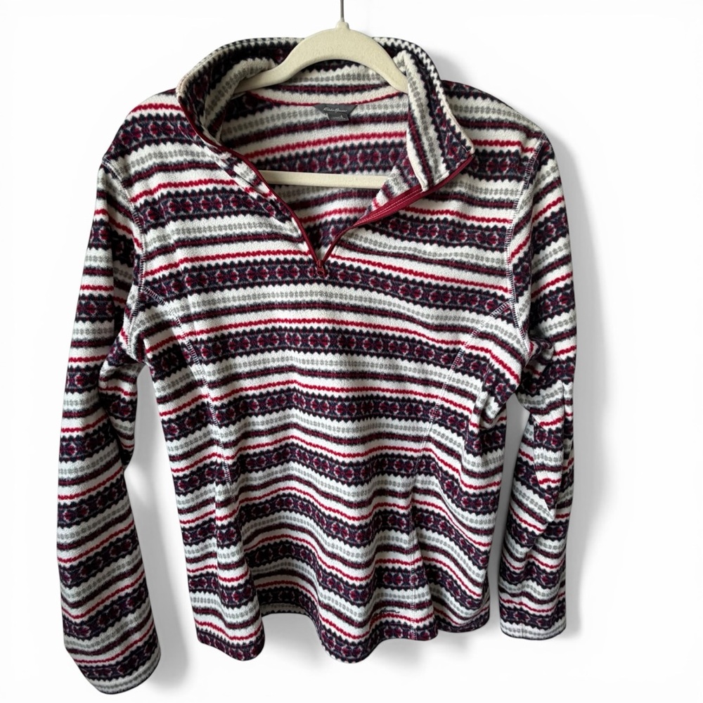 Eddie Bauer Fair Isle Fleece Pullover Women’s L Red Nordic Print 1/4 Zip Cozy